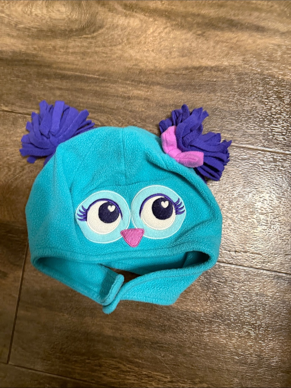 jumping beans Teal Owl Fleece Hat with Purple Pom Poms and Pink Beak